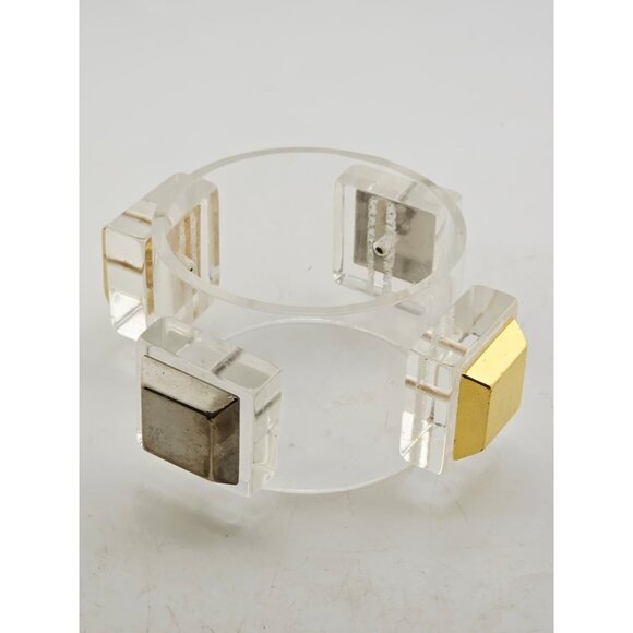 Rare Unsigned Julie Rubano Wide Lucite Cuff Bracelet With 2 Raised Metal Squares - Picture 2 of 7